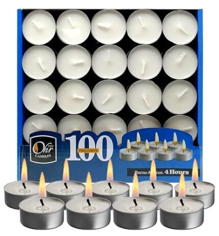 OHR CANDLES Tealight Candles - 100 Pack Bulk Tea Lights Candles - White Tealights Unscented - 4 Hour Burn Time