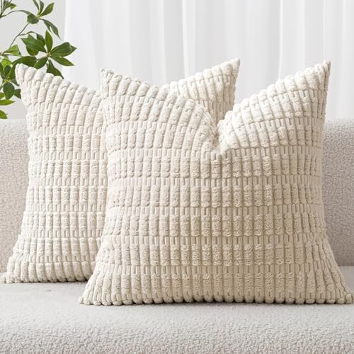 MIULEE Set of 2 Soft Corduroy 18x18 Inch Boho Striped MIULEE Pack of 2 Corduroy Decorative Throw Pillow Covers 18x18 Inch Soft Boho Striped Pillow Covers Modern Farmhouse Home Decor for Sofa Living Room Couch Bed Cream White