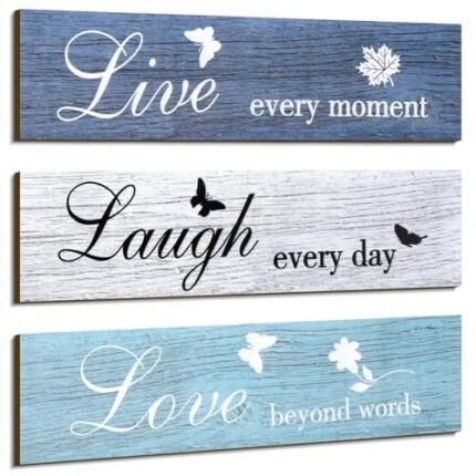 Jetec 3 Pieces Rustic Wood Sign Wall Decor Live Love Blessed Family and Love Quote Sign Farmhouse Wall Mount Decoration for Home Kitchen Living Room, 12 x 3 x 0.2 Inch(Blue Series,Classic)