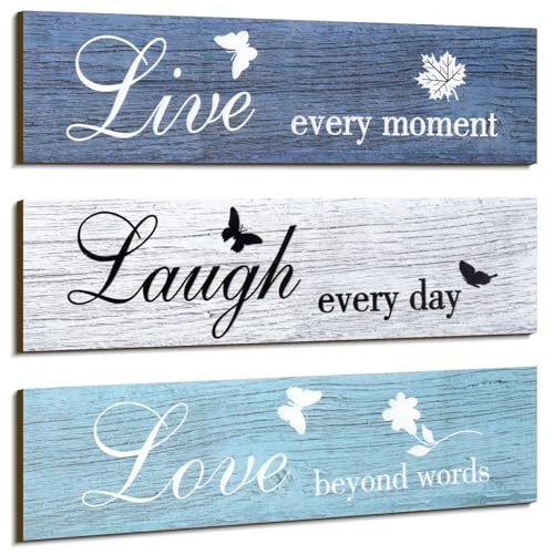 Rustic Wood Sign Set: "Live, Love, Blessed" Wall Decor for Jetec 3 Pieces Rustic Wood Sign Wall Decor Live Love Blessed Family and Love Quote Sign Farmhouse Wall Mount Decoration for Home Kitchen Living Room, 12 x 3 x 0.2 Inch(Blue Series,Classic)