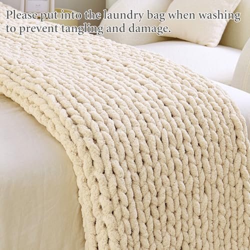 516rF3Za6L._SL500_.jpg Admitrack 51"x63" Chunky Knit Chenille Throw Blanket: Soft, Cozy Home Decor for Sofa (Ivory) - Image 5