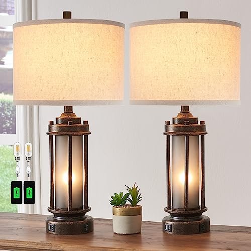 Set of 2 Rustic Farmhouse Lamps with USB Ports & Set of 2 Farmhouse Lamps for Living Room, Rustic Vintage Bedroom Nightstand Table Lamp with 2 USB Charging Ports, Built-In Frosted Glass Night Light for End Table Entryway, 4 Bulbs Included (Bronze)
