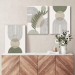 Sage Green Boho Wall Art Set of 3: Minimalist Framed Geometric Leaf/Sun/Moon Canvas, 12"x16" - Image 3