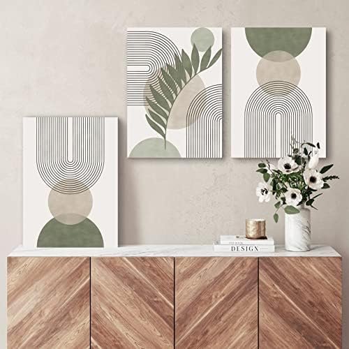 518mllcSz7L._SL500_.jpg Sage Green Boho Wall Art Set of 3: Minimalist Framed Geometric Leaf/Sun/Moon Canvas, 12"x16" - Image 3
