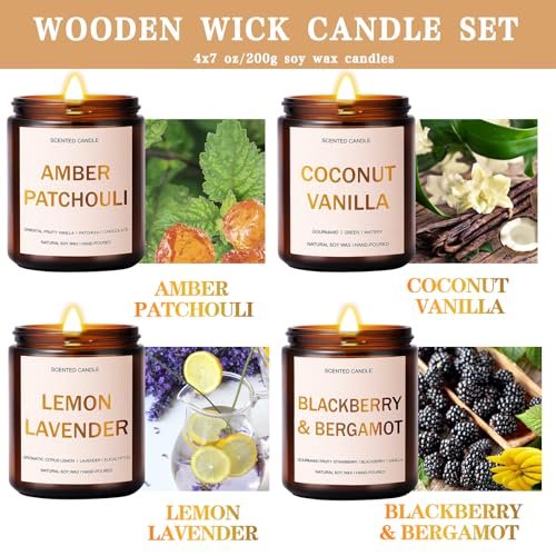 519UUNCg8SL._SL500_.jpg 4-Pack 7oz Wood Wick Scented Candles in Amber Jars – Includes Amber Patchouli, Coconut Vanilla, Lemon Lavender, Blackberry Bergamot. Perfect Gift for Women! - Image 3