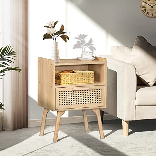 51AODlTQrmL._SL500_.jpg Lerliuo Rattan Nightstand: Boho Bedside Table with Drawer & Open Shelf, Solid Wood Legs, Natural Finish. Perfect for Bedrooms & Small Spaces. - Image 2