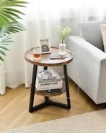 KJGKK Round End Table with Charging Station, 19.7" x 23.63", Industrial Accent Table for Small Spaces (Brown & Black) - Image 2