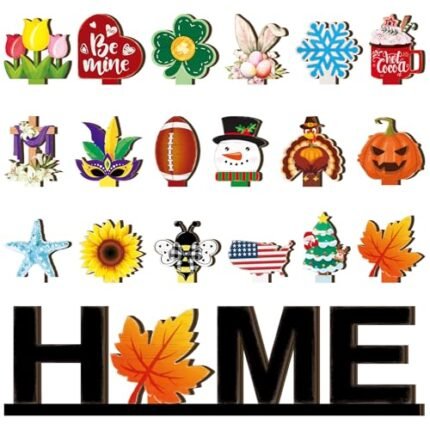 Yuntau Home Letter Sign Decoration with 18 Pcs Interchangeable Seasonal Icons Wooden Home Sign for All Seasons Letter Ornaments Set for Living Room Shelf Mantel Windowsill Decor