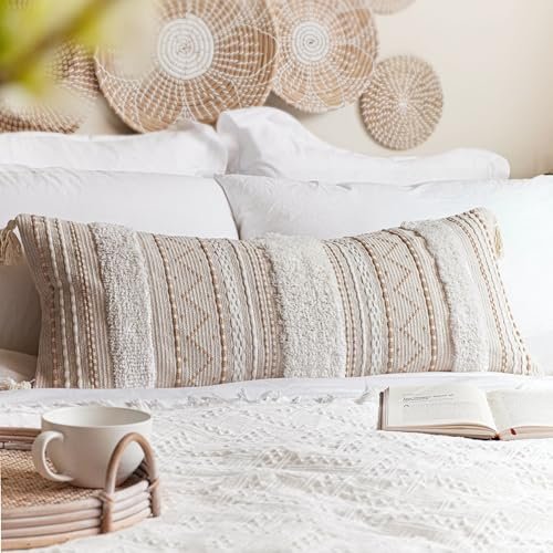 BlissBlush 14x36 Boho Lumbar Throw Pillow Cover - Neutral Farmhouse BlissBlush Cream Decorative Lumbar Throw Pillow Cover 14x36 Boho Long Cushion for Bed Neutral Accent Farmhouse Pillowcase for Bedroom Living Room Couch Sofa Home Décor (Cover ONLY, Pack of 1)