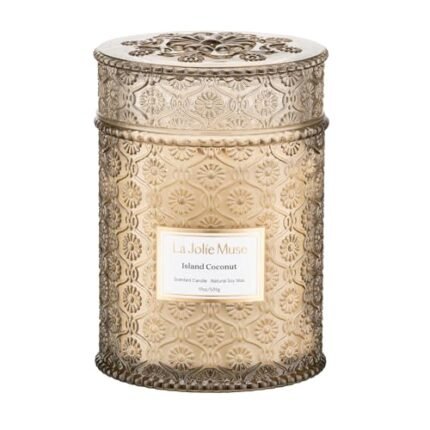 LA JOLIE MUSE Vanilla Coconut Candle, 19 oz Wood Wicked Candles for Home Scented, Natural Soy Wax, Large Glass Jar Candle, 90 Hours Long Burning, Island Coconut