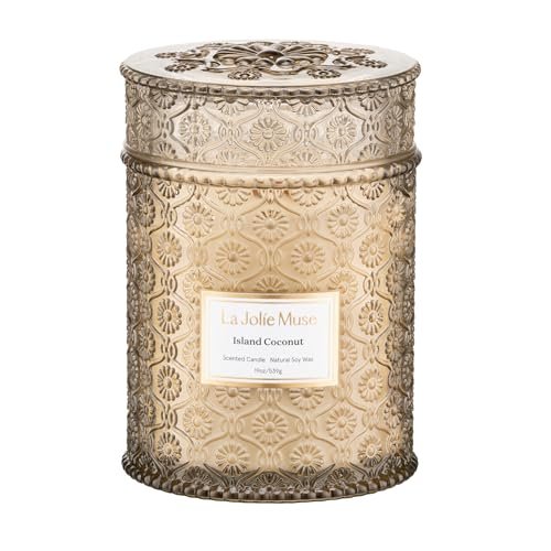 LA JOLIE MUSE Vanilla Coconut Candle - 19 oz Natural LA JOLIE MUSE Vanilla Coconut Candle, 19 oz Wood Wicked Candles for Home Scented, Natural Soy Wax, Large Glass Jar Candle, 90 Hours Long Burning, Island Coconut