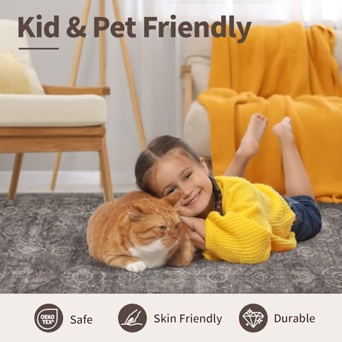 51CjwZfQeZL._SL500_.jpg Rugxara 5x7 Area Rug: Vintage Grey Washable Boho Rug, Non-Slip, Low Pile Faux Wool for Living Room & Kids' Room. - Image 7