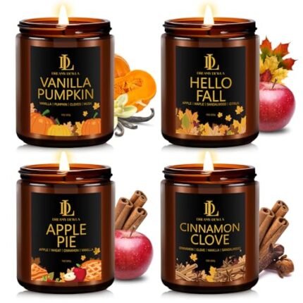 Fall Candle Set, Fall Scented Candles for Home, 4 Pack Soy Candle Set, Holiday Gift for Women Men, Scents of Cinnamon Clove/Vanilla Pumpkin/Apple Pie/Hello Falls