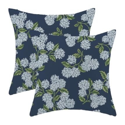 Navy Blue Hydrangea Floral Pillow Covers 18 x 18 Inch Outdoor Green Flowers Throw Pillow Covers Set of 2 Seasonal Summer Spring Pillow Cases Home Decor for Living Room Bedroom Linen Square Cushion