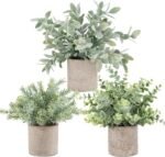 Der Rose 3 Pack Mini Potted Fake Plants Artificial Plastic Eucalyptus Plants Topiaries for Home Office Desk Farmhouse Room Bathroom Decor