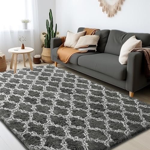 51GtRFaZ8FL._SL500_.jpg Puremy 5x7 Feet Shag Area Rug: Soft High Pile Indoor Carpet for Living Room, Bedroom, Playroom, Dark Grey/White. - Image 7