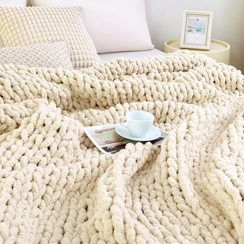 51I0BtHCHeL._SL500_.jpg Admitrack 51"x63" Chunky Knit Chenille Throw Blanket: Soft, Cozy Home Decor for Sofa (Ivory) - Image 3