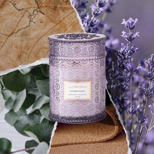 51IuGUpYEmL._SL500_.jpg LA JOLIE MUSE Lavender Candle - 19 oz Large Soy Candle, Wood Wick, 90 Hours of Soothing Lavender Suede Scent. - Image 2