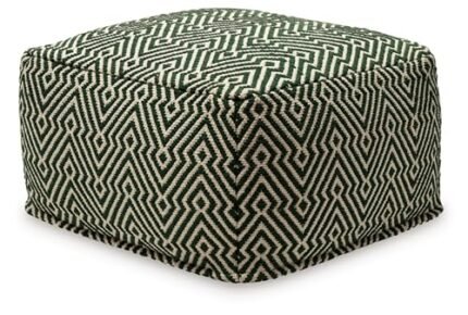 Signature Design by Ashley Abacy Casual Square Handwoven Pouf with Geometric Pattern, Green & Beige