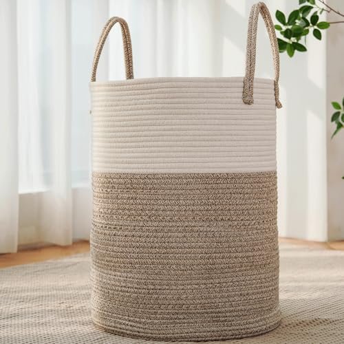 JMvicyroam 60L Large Woven Laundry Basket – Cotton Rope Storage JMvicyroam Large Woven Laundry Basket Hamper,60L Cotton Rope Storage Bin for Blankets,Toys and Clothes,Decorative Tall Nursery Hamper for Living Room,Baby Nursery,Bathroom and Bedroom,Brown