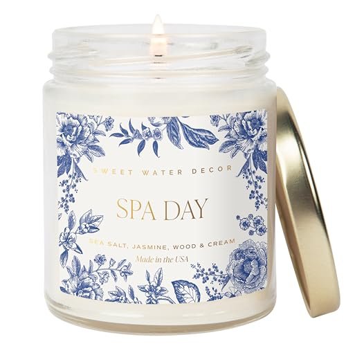 Sweet Water Decor Spa Day Candle – 9oz Soy Candle Sweet Water Decor Spa Day Patterned Candle – Soy Candles with Sea Salt, Jasmine, Wood, Cream Aroma– 40 Hour Burn – 9oz Clear Glass Jar – Ideal for Valentines Presents or Any Special Occasion