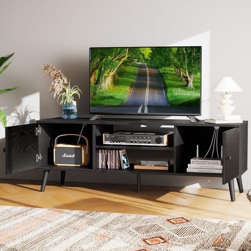 Sweetcrispy TV Stand for 55-60 inch TVs, Modern Mid-Century Media Sweetcrispy TV Stand for 55 60 inch TV, Modern Mid Century Entertainment Center with Storage, Media Console Table 2 Cabinet, Soft Hinge, Handle Door, Wooden Living Room, Office Furniture, Black