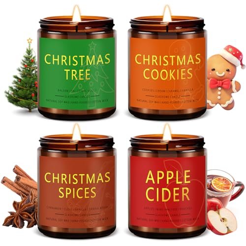 Christmas Candle Set | 4 Scented Soy Candles for Home Christmas Candle Set | 4 Pack Scented Candles for Home | Holiday Gifts for Women & Men | Soy Candles with Scents of Christmas Tree, Cookies, Spices & Apple Cider