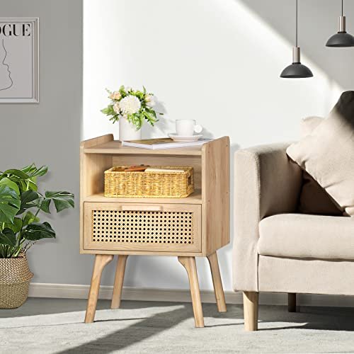51RGXvXKL._SL500_.jpg Lerliuo Rattan Nightstand: Boho Bedside Table with Drawer & Open Shelf, Solid Wood Legs, Natural Finish. Perfect for Bedrooms & Small Spaces. - Image 4