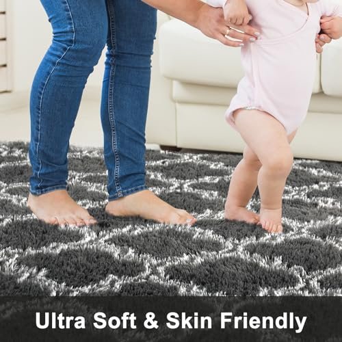 51RGiPzqy0L._SL500_.jpg Puremy 5x7 Feet Shag Area Rug: Soft High Pile Indoor Carpet for Living Room, Bedroom, Playroom, Dark Grey/White. - Image 6