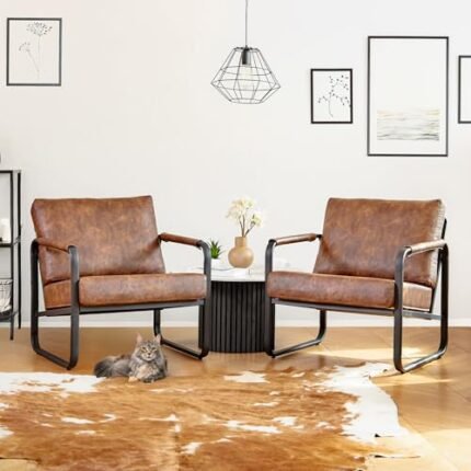 PrimeZone Mid-Century Modern Accent Chair Set of 2 - Comfy Faux Leather Living Room Chair, Lounge Armchair with Extra Soft Padded & Cushion, Ergonomic Accent Chair for Bedroom, Office, Brown