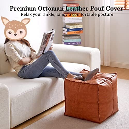 51RNiXbFevL._SL500_.jpg Handmade Moroccan Pouf Cover in Faux Leather, 17.7" Square, Orange & Brown - Foot Rest for Living Room (Cover Only) - Image 2