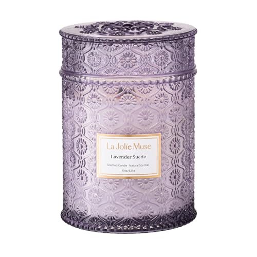LA JOLIE MUSE Lavender Candle - 19 oz Large Soy LA JOLIE MUSE Lavender Candle, 19 oz Wood Wicked Candles for Home Scented, Large Soy Candles for Women, 90 Hours Long Burning, Lavender Suede