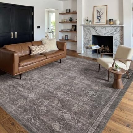 Rugxara Area Rugs 5x7 for Living Room Bedroom, Grey Washable Rug, Vintage Retro Boho Rug, Non Slip & Low Pile Faux Wool Thin Carpet for Indoor Dining Room and Kids Room(Taupe/Grey 5x7ft)