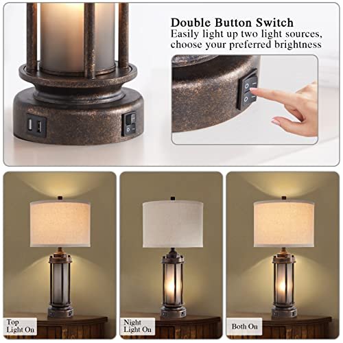 51VcEbLdYL._SL500_.jpg Set of 2 Rustic Farmhouse Lamps with USB Ports & Frosted Glass Night Light - Bronze Finish - Image 5