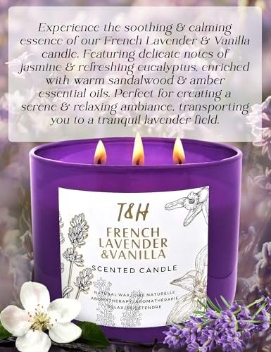 51X2n5FxTbL._SL500_.jpg Lavender Vanilla Aromatherapy Candle | 3 Wick Soy Candle | Large 15.8 oz | Long-Lasting Relaxation Gift for Women - Image 2