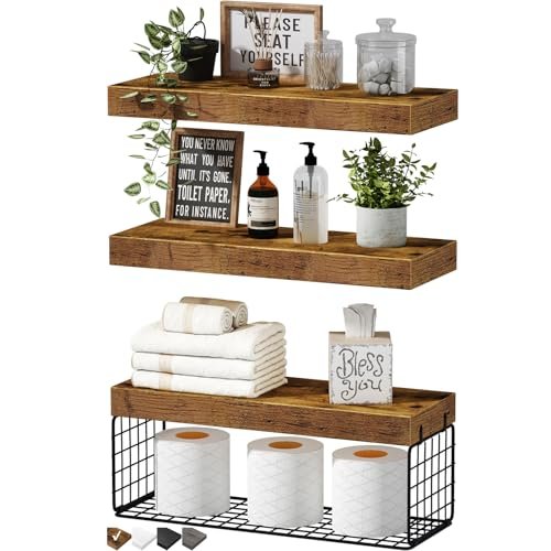 QEEIG Wall-Mounted Bathroom Shelves Over Toilet - Rustic Brown Floating QEEIG Bathroom Shelves Over Toilet - Wall Mounted Floating Shelves Toilet Paper Storage Small Farmhouse Decor Shelf 16 inch Set of 3, Rustic Brown (019-BN3)