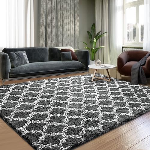 Puremy 5x7 Feet Shag Area Rug: Soft High Pile Indoor Puremy Shag Area Rug 5x7 Feet Extra Soft Rugs for Living Room, High Pile Indoor Carpet for Bedroom, Playroom, Nursery, Home Decor, Geometric, Dark Grey/White
