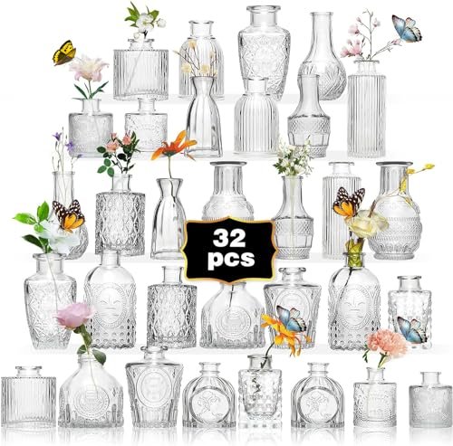 Anquephd 32PCS Clear Mini Bud Vases - Ideal Wedding Centerpieces Anquephd Glass Bud Vase Set of 32PCS Wedding Centerpieces for Tables,Mini Clear Bud Vases for Flowers,Small Flower Vases Suitable for Birthday Party,Anniversary,Wedding,Baby Shower (Clear, 32PCS)