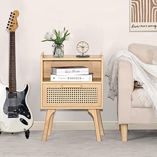51YBXJqTpcL._SL500_.jpg Lerliuo Rattan Nightstand: Boho Bedside Table with Drawer & Open Shelf, Solid Wood Legs, Natural Finish. Perfect for Bedrooms & Small Spaces. - Image 5