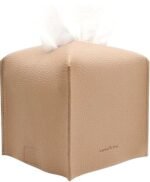 Tissue Box Cover Holder, Square with Bottom Belt by Carrot's Den - PU Leather Decorative Organizer for Tabletop, Bathroom, Car, Office | Beige