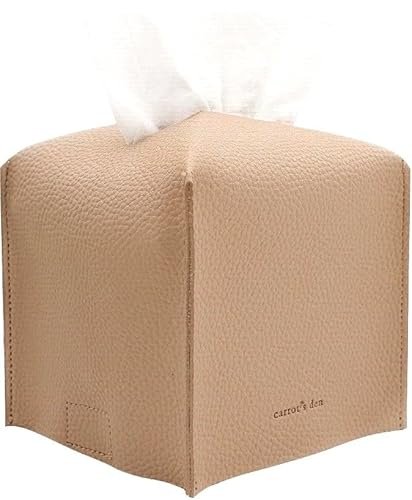 Tissue Box Cover Holder, Square with Bottom Belt by Carrot's Den - PU Leather Decorative Organizer for Tabletop, Bathroom, Car, Office | Beige