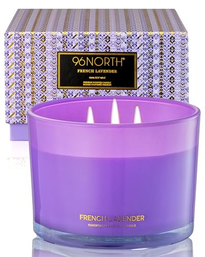96NORTH Luxury Lavender Soy Candle | Large 3 Wick Jar Candle | Up to 50 Hours Burning Time | 100% Natural Soy Wax | Relaxing Aromatherapy Aesthetic Candle | Housewarming Gift for Women and Men