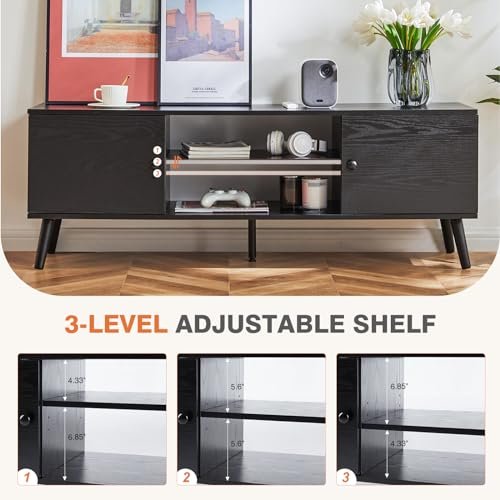 51d75rZcfKL._SL500_.jpg Sweetcrispy TV Stand for 55-60 inch TVs, Modern Mid-Century Media Console with Storage, 2 Cabinets, Soft Hinge, Black Living Room/Office Furniture. - Image 3