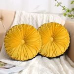 HIG Set of 2 Vintage Velvet Round Pleated Throw Pillows, Classy Yellow Accent for Sofa, Chair, or Bed, 14.5" Diameter. - Image 4