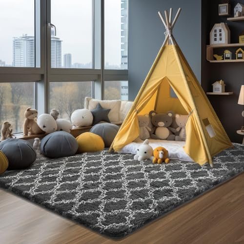 51h4ymuKR7L._SL500_.jpg Puremy 5x7 Feet Shag Area Rug: Soft High Pile Indoor Carpet for Living Room, Bedroom, Playroom, Dark Grey/White. - Image 8