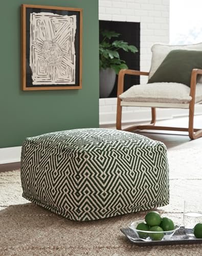 51hEy4XuCdL._SL500_.jpg Signature Design by Ashley Abacy Square Handwoven Pouf with Geometric Pattern in Green & Beige - Image 2