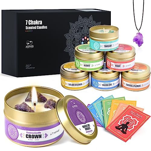 AOOVOO Chakra Candles with Healing Crystals - 7 Candle Set AOOVOO Chakra Candles with Healing Crystals - 7 Chakra Candle Set, Spiritual Gifts for Women, Aromatherapy Candle, Soy Candles for Women