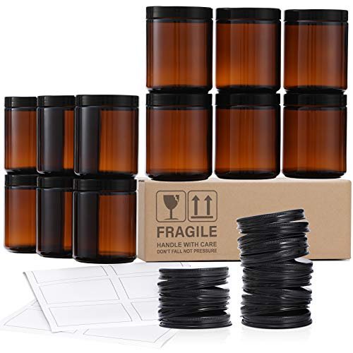 12 Pack of 8 Oz Dark Amber Glass Jars with 12 Pack, 8 OZ Thick Glass Jars with Lids, Dark Amber Candle Jars with 12 Metal & 12 Plastic Lids - Empty Round Food Storage Containers, Canning Jar For Spice, Powder, Liquid, Sample - Dishwasher Safe