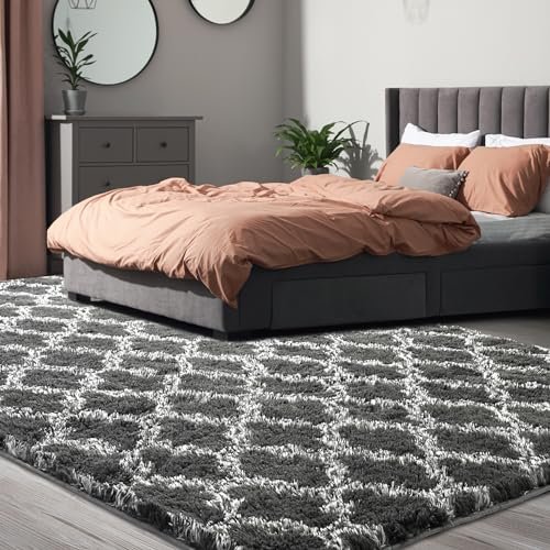 51inqq35iwL._SL500_.jpg Puremy 5x7 Feet Shag Area Rug: Soft High Pile Indoor Carpet for Living Room, Bedroom, Playroom, Dark Grey/White. - Image 2