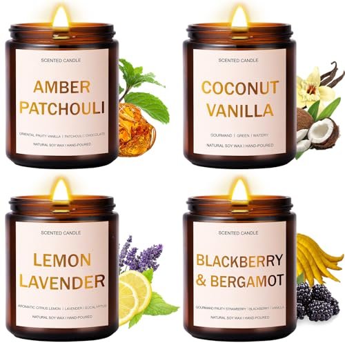 4-Pack 7oz Wood Wick Scented Candles in Amber Jars – 7oz Wood Wick Scented Candle Gift Set – 4 Pack Soy Wax Candles in Amber Jars with Crackling Wooden Wicks, Includes Amber Patchouli, Coconut Vanilla, Lemon Lavender, Blackberry Bergamot, Gift for Women